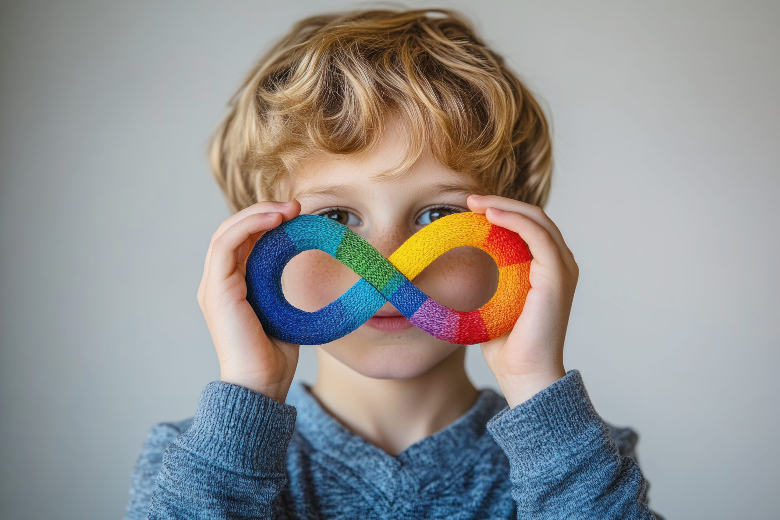 child proudly displaying a vibrant infinity symbol in support of autism acceptance, neurodiversity, and inclusion